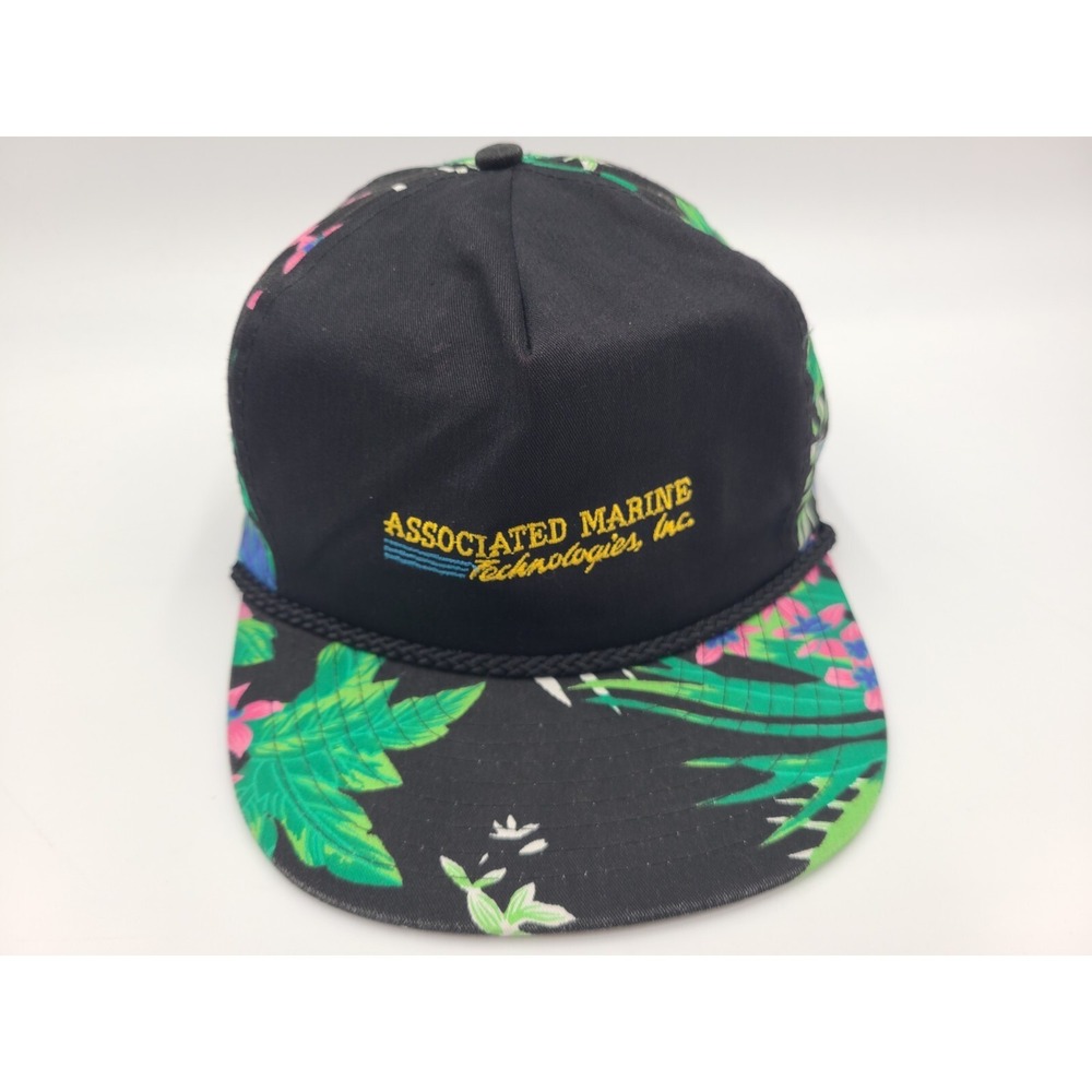 Vintage Associated Marine Technologies Floral Rope Snapback Hat Cap Black Green